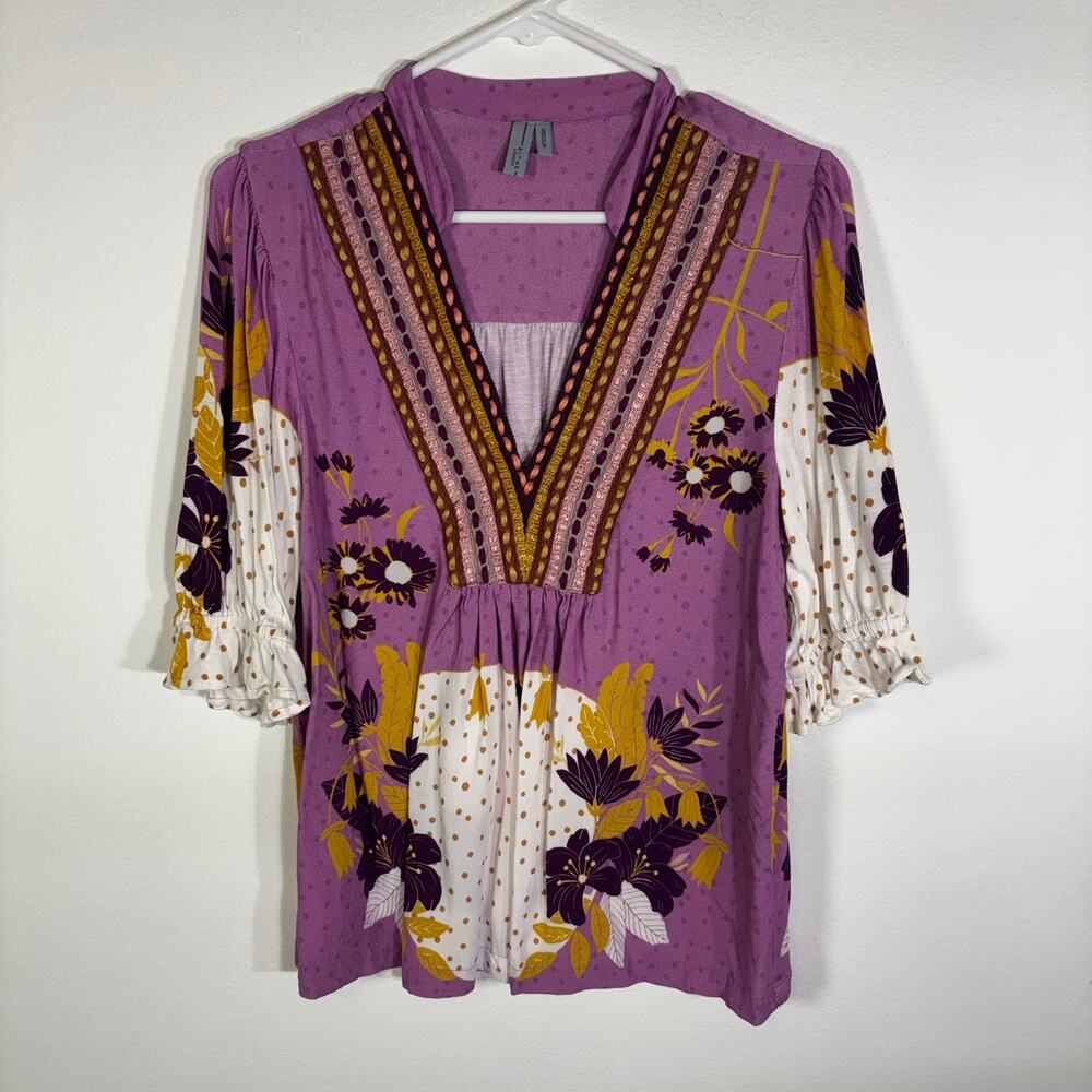 BL^NK London Womens M Purple Floral Boho Tunic Top Crochet Trim Bell Sleeve
